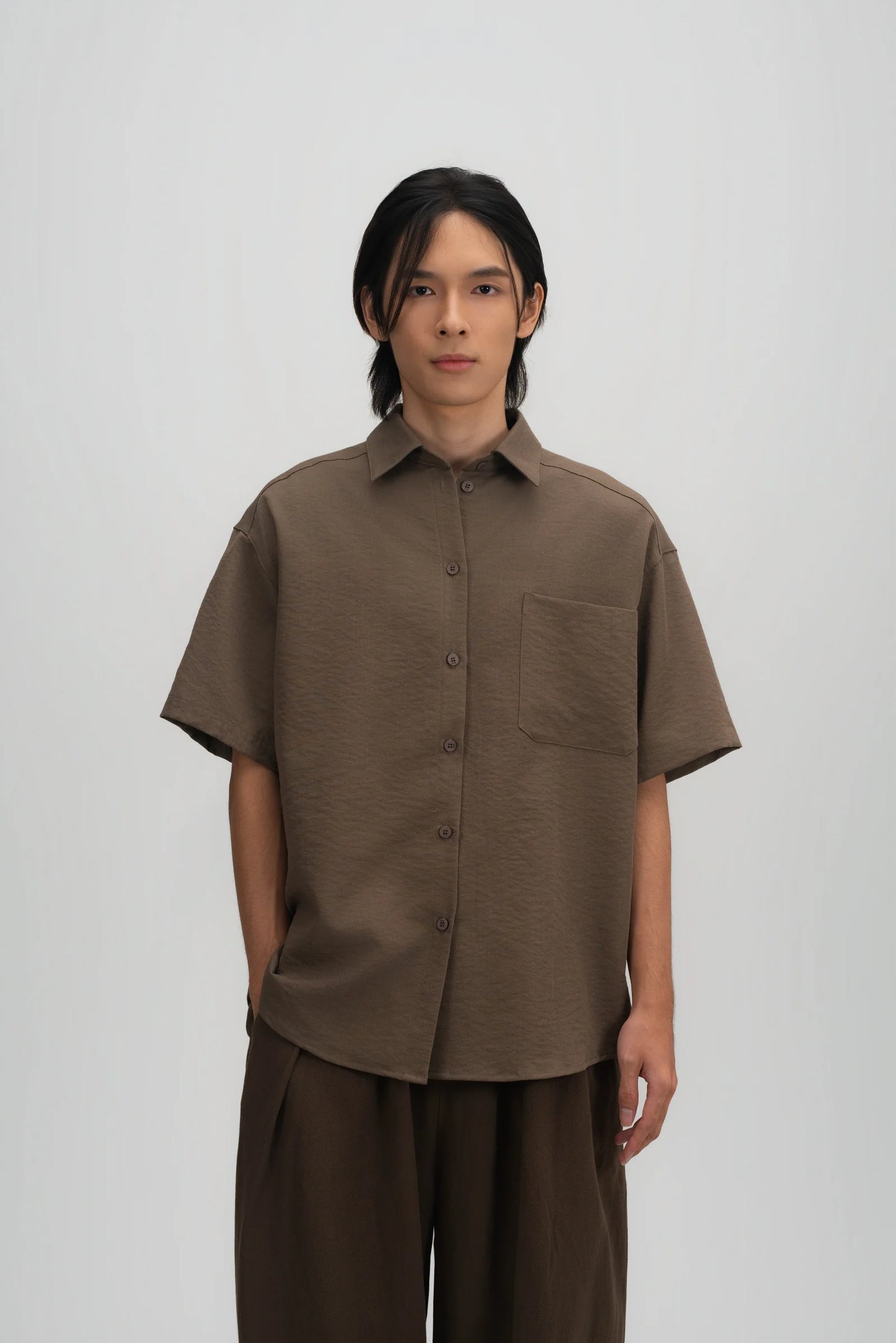 Gender Neutral Drape Neck Short-Sleeve Shirt (Tea) - BEV C multi label store