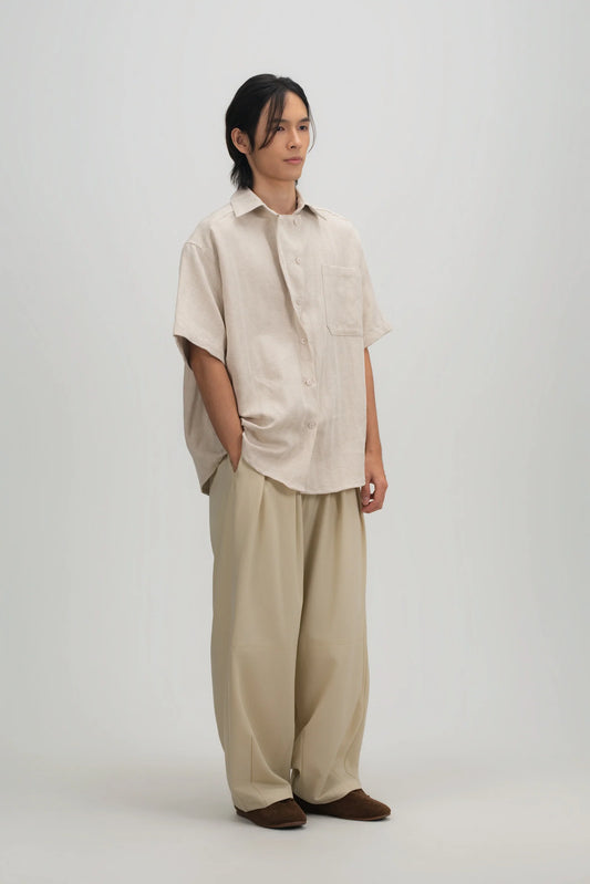 Gender Neutral Drape Neck Short-Sleeve Shirt (Linen Beige) - BEV C multi label store
