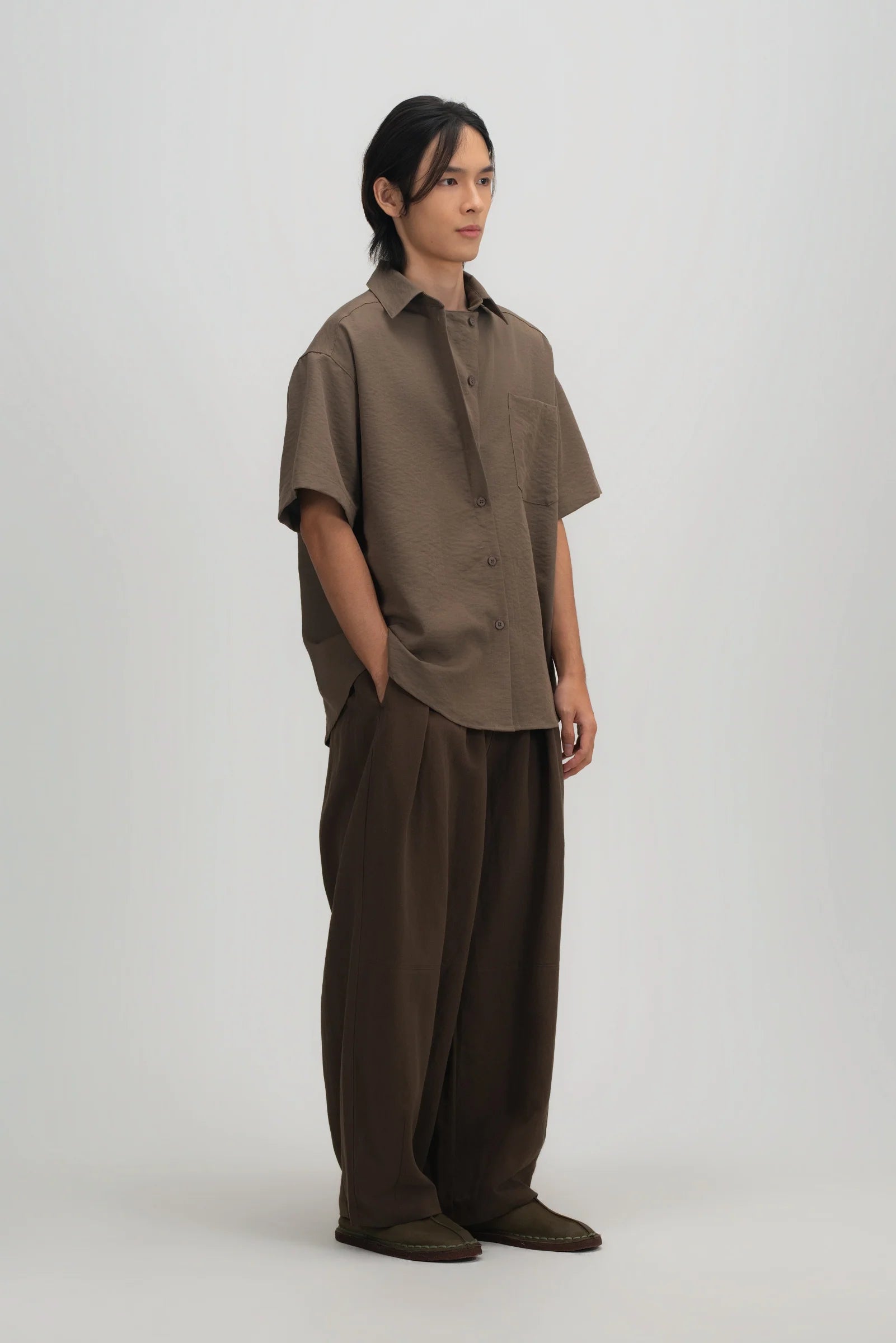 Gender Neutral Drape Neck Short-Sleeve Shirt (Tea) - BEV C multi label store