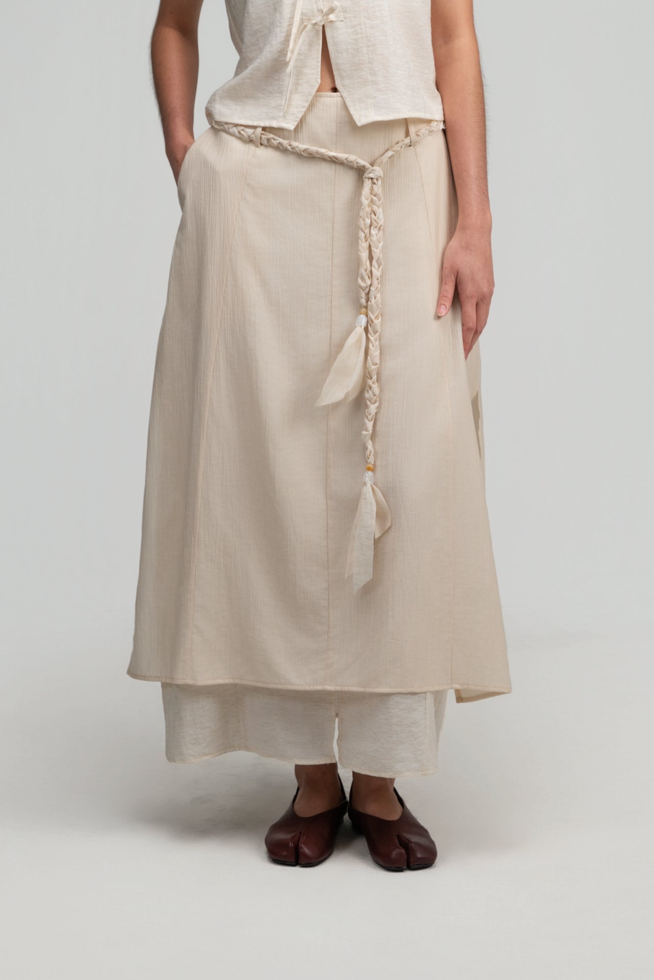 Dual-Layer Skirt w/ Braided Belt (Beige) - BEV C multi label store
