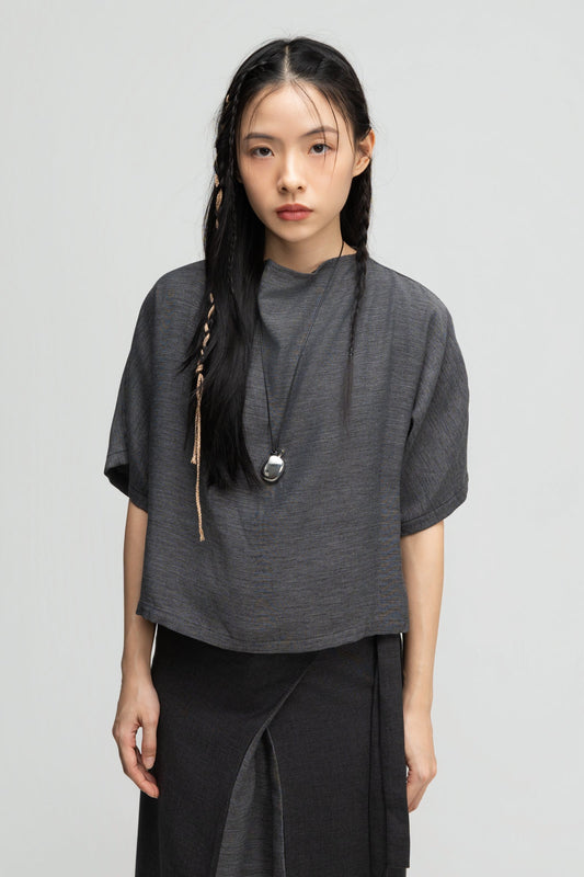Semi High Neck Short Sleeve Crop Top (Midnight Grey)