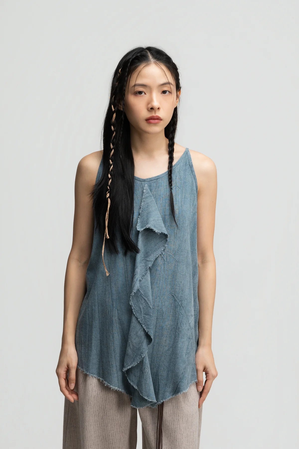 Front Drape Raw Hem Cami Top (Tie Dye Teal)