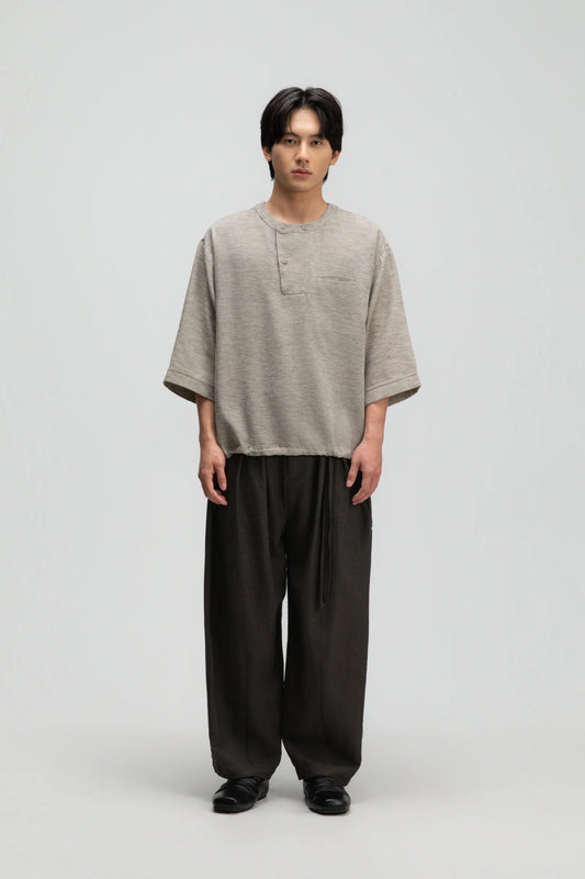Gender Neutral 3/4 Sleeve Arc Collar Shirt (Dark Oat) - BEV C multi label store