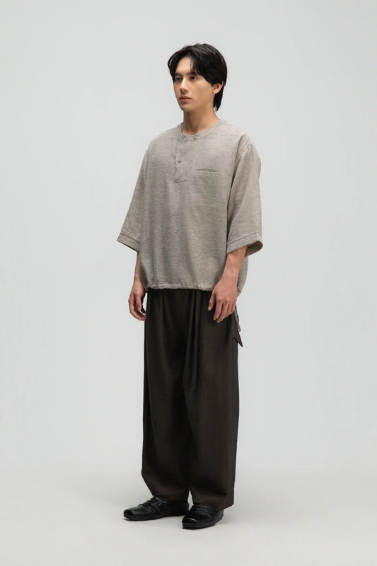 Gender Neutral 3/4 Sleeve Arc Collar Shirt (Dark Oat) - BEV C multi label store