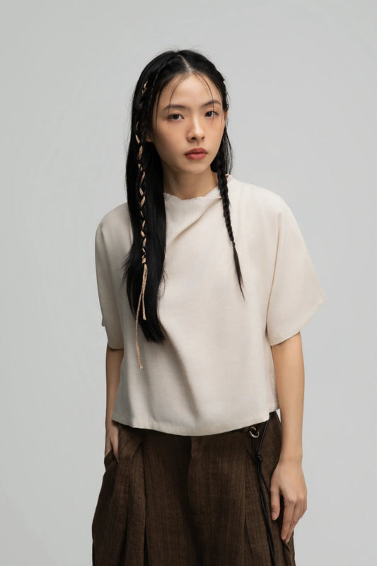 Semi High Neck Short Sleeve Crop Top (Off White)